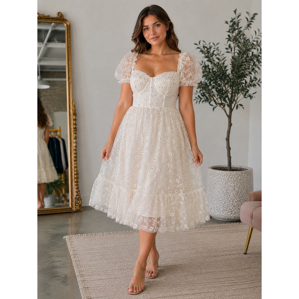 Ava Gowns Daisy Dress White Tulle Corset Lace Up Puff Sleeve Midi Bustier 8